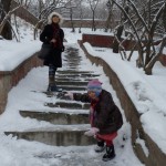 On temple steps